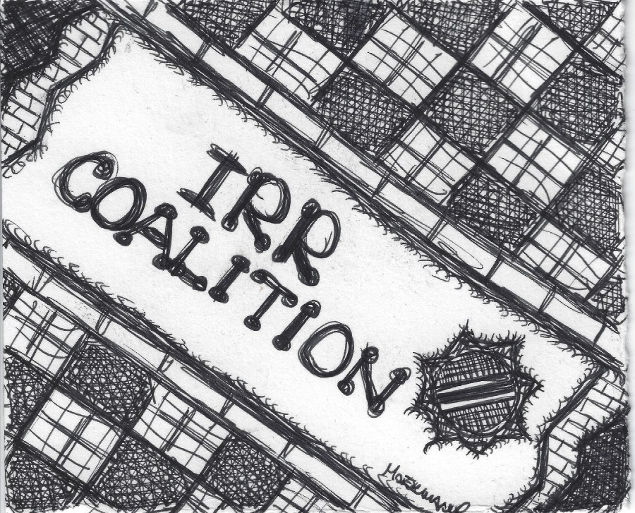 A black and white line drawing in pen - the text "IRR COALITION" with a sunburst icon is written diagonally, with alternating cubes of black and plaid surrounding